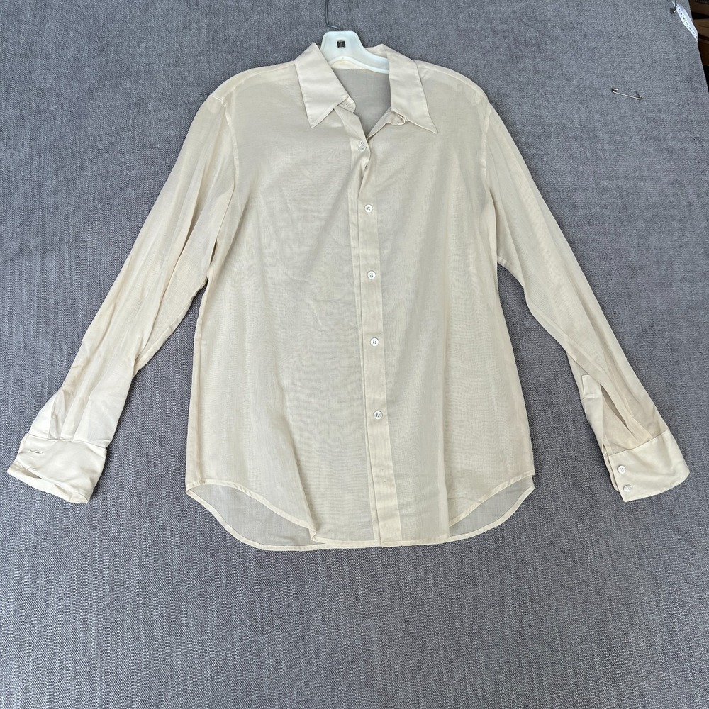 Vintage Womens L Shirt Top Cream Sheer Lightweight Long Sleeve Retro Button Up